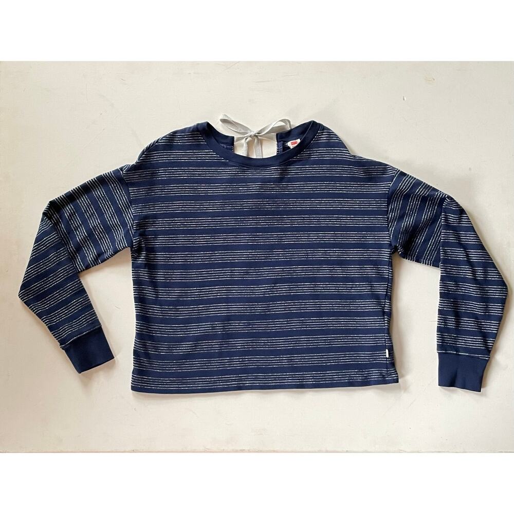 Levi’s Metallic Stripe Long Sleeve Top Navy Blue Silver Bow Back Women’s Small